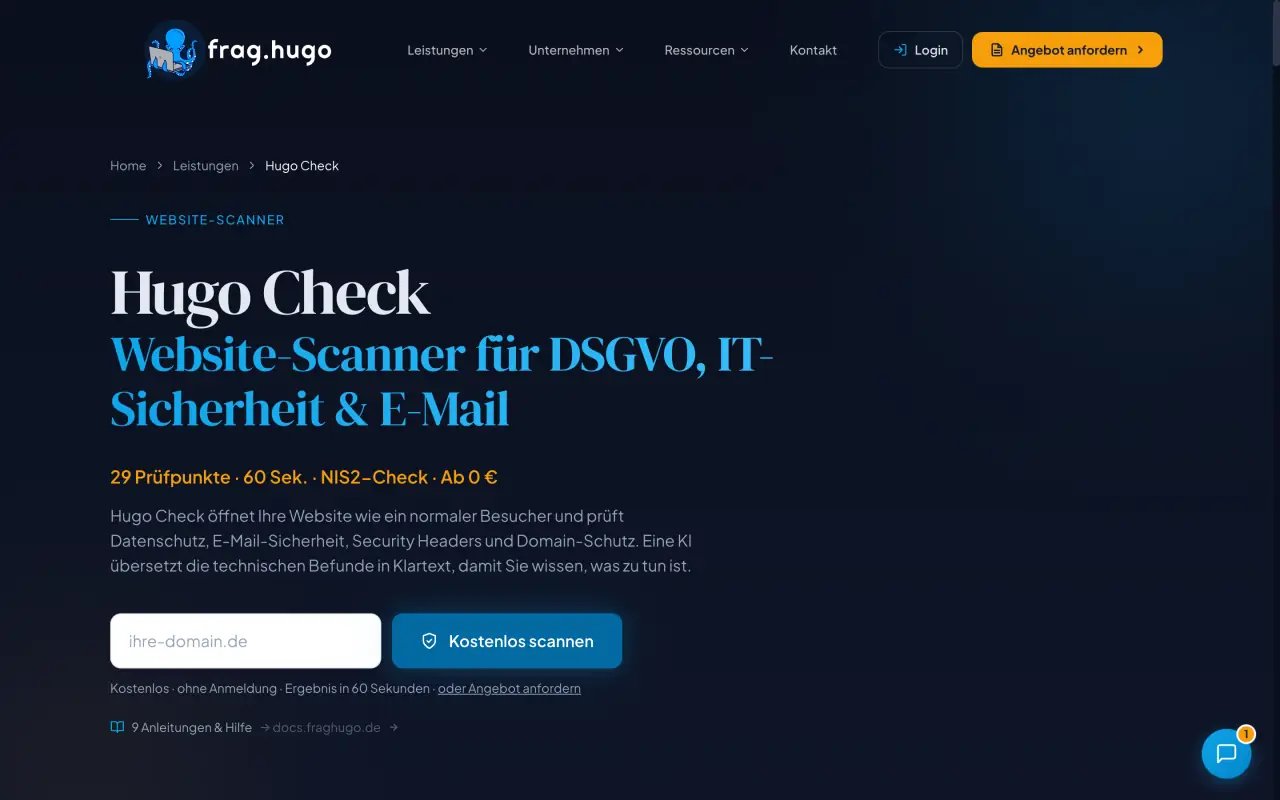 Hugo Check Website-Scanner: Domain eingeben und in 60 Sekunden DSGVO prüfen