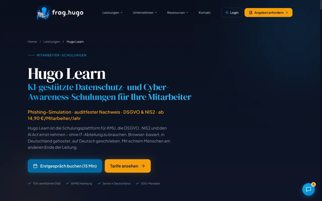 Hugo-Tools von frag.hugo: Website-Scan, Awareness-Schulung und Arbeitsschutz