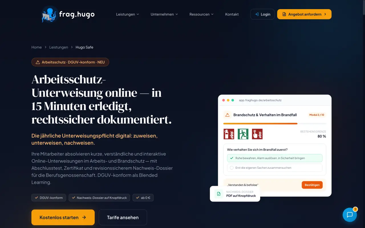 Hugo Safe: interaktive Online-Unterweisung Brandschutz mit Abschlusstest und Nachweis