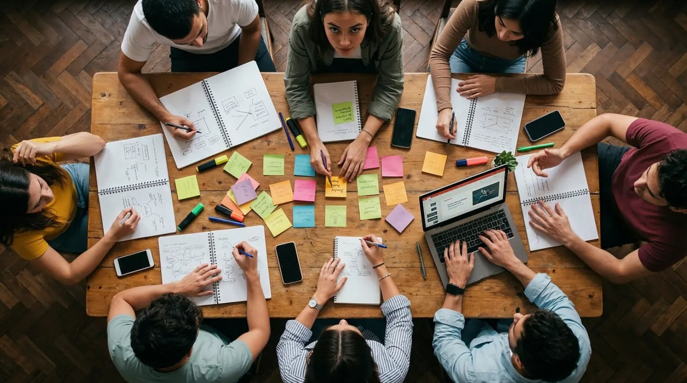 Sprint-Retrospektive mit Sticky Notes am Tisch — agiles Team plant Verbesserungen im Workshop.