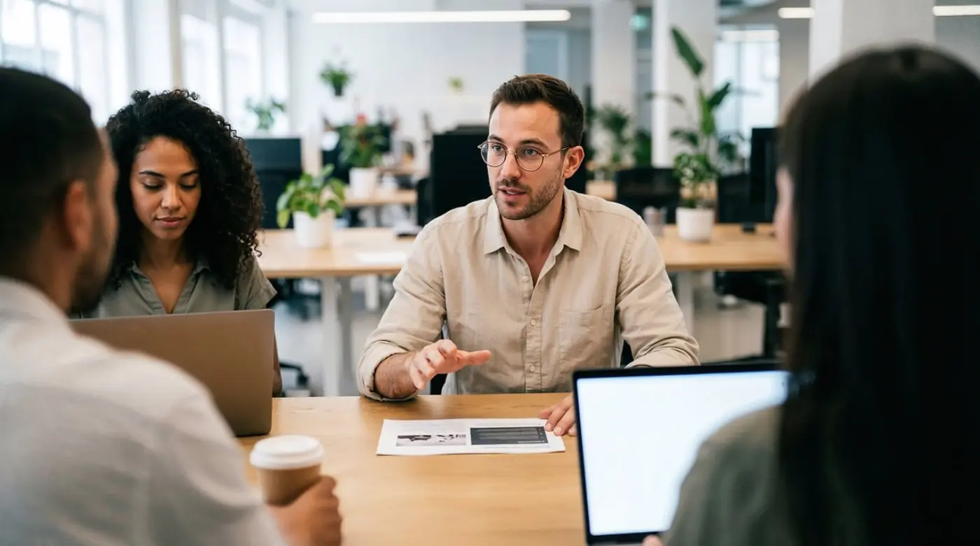 Team in moderner Bürobesprechung mit Laptops — kabellose Netzwerke als Grundlage moderner Collaboration