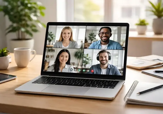 Team in Hamburger Büro nutzt Microsoft Teams für Online-Meeting und Bildschirmfreigabe