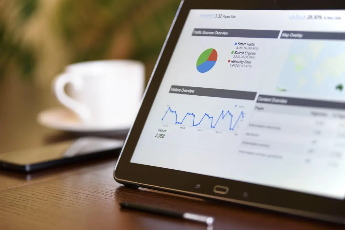 Analyst arbeitet konzentriert an einem Power BI Dashboard mit mehreren Charts und Statistiken