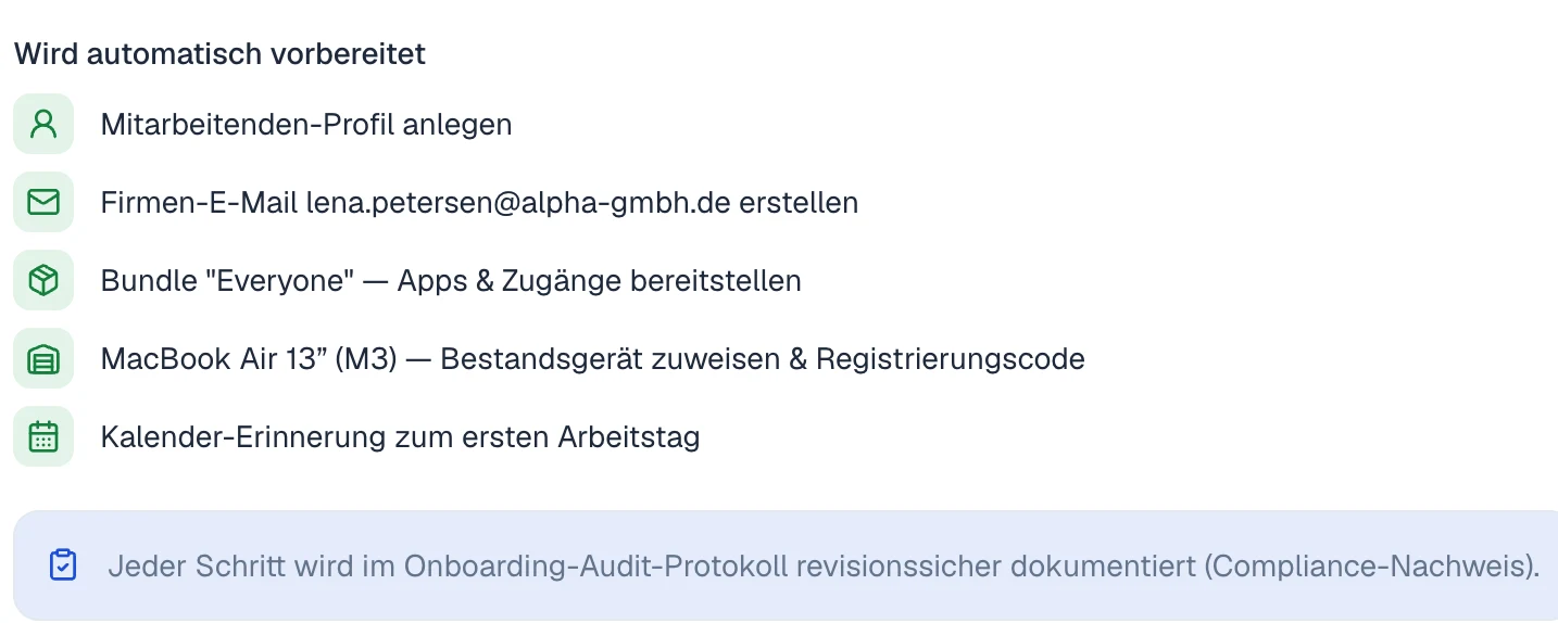 Kjello bereitet automatisch vor: Profil, Firmen-E-Mail, Bundle mit Apps, Gerät und Kalender-Erinnerung — revisionssicher dokumentiert