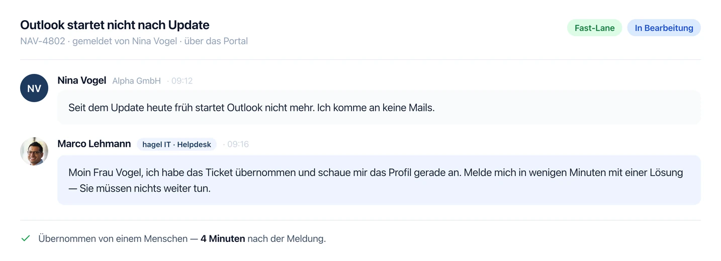 Kundenportal, Support-Anliegen „Outlook startet nicht nach Update