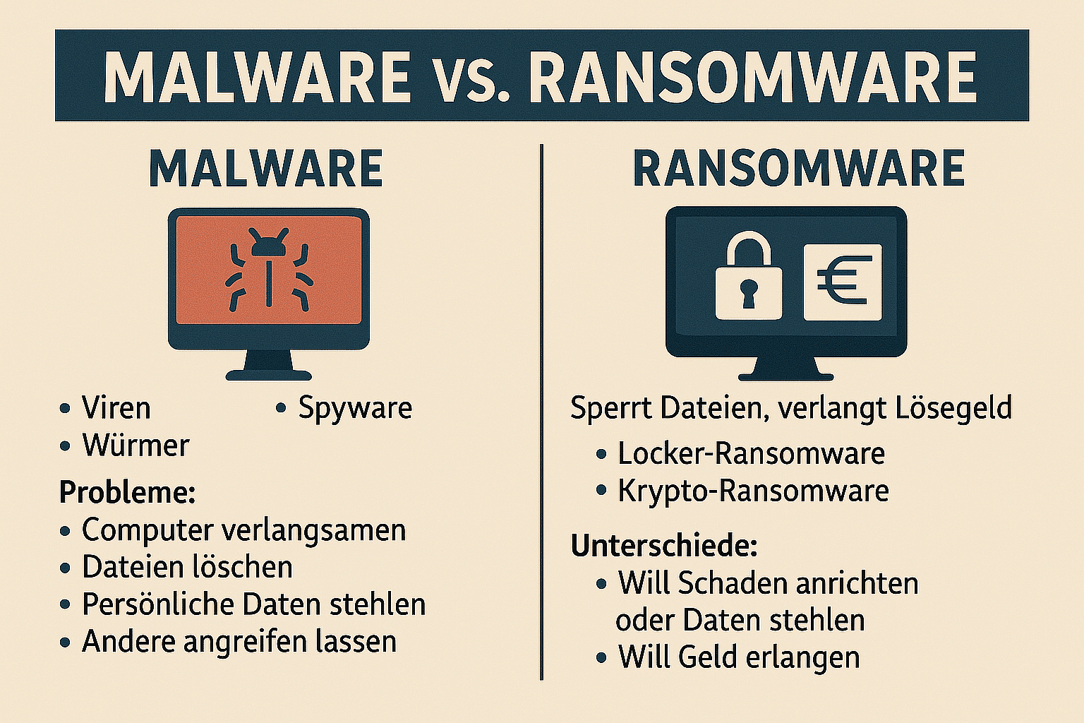 Infografik Unterschied Malware vs. Ransomware